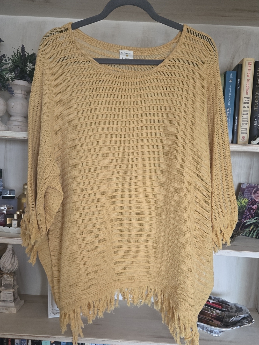 By Together Mustard Fringe Open-Knit Poncho